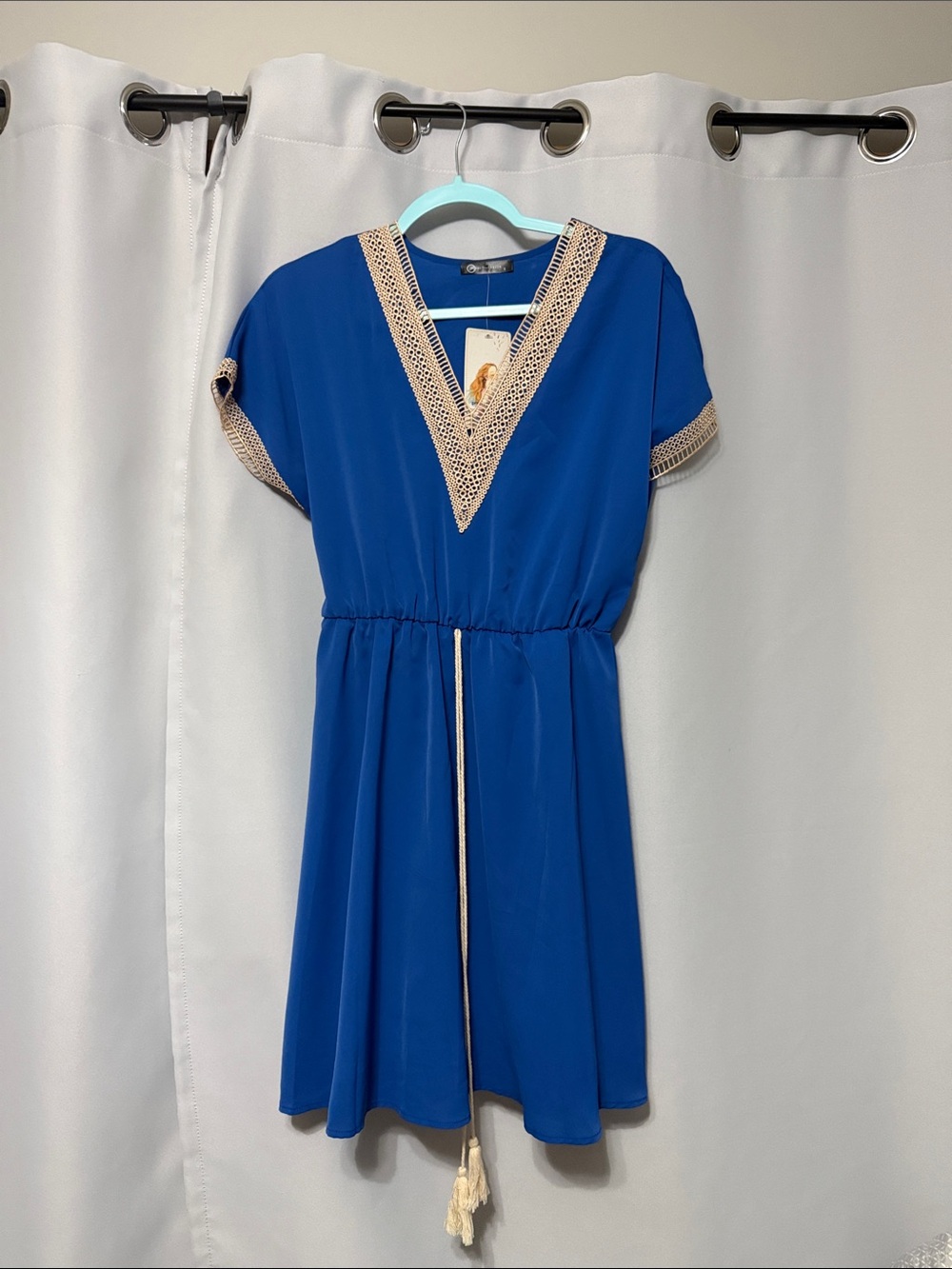 Womenβs Royal Blue Casual Dress with Cream Crochet Trim